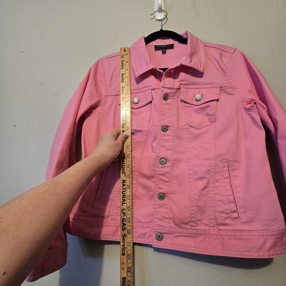Talbots Denim Trucker Jacket Womens Petite MED Pink Pockets Classic Stretch - Picture 8 of 9